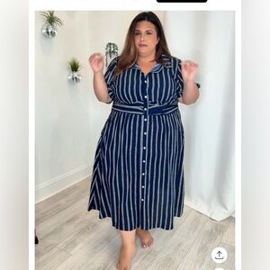 Plus Dark Indigo and White Striped Midi Dress